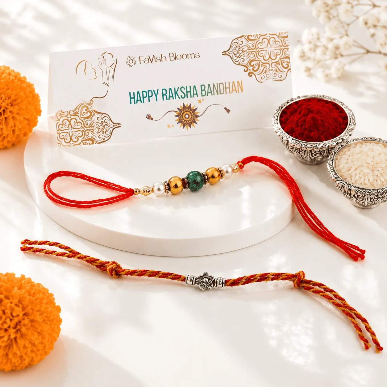 Silver Floral & Green Beaded Rakhi Set with elegant decorative details